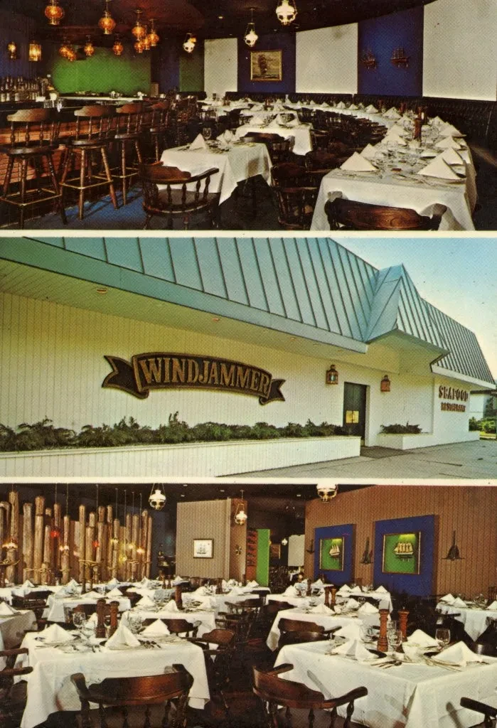 Three photos of a restaurant: A curved dining room setup, exterior with "Windjammer" sign, and a dining area with white tablecloths.