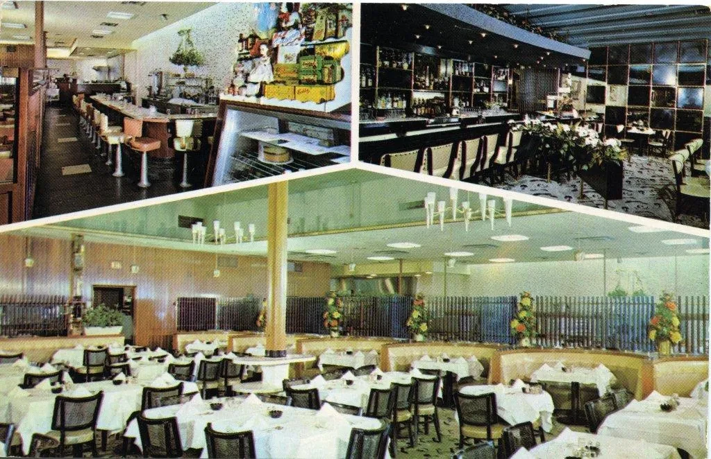 Three restaurant interiors with dining tables, chairs, and decor, showcasing different styles and atmospheres.