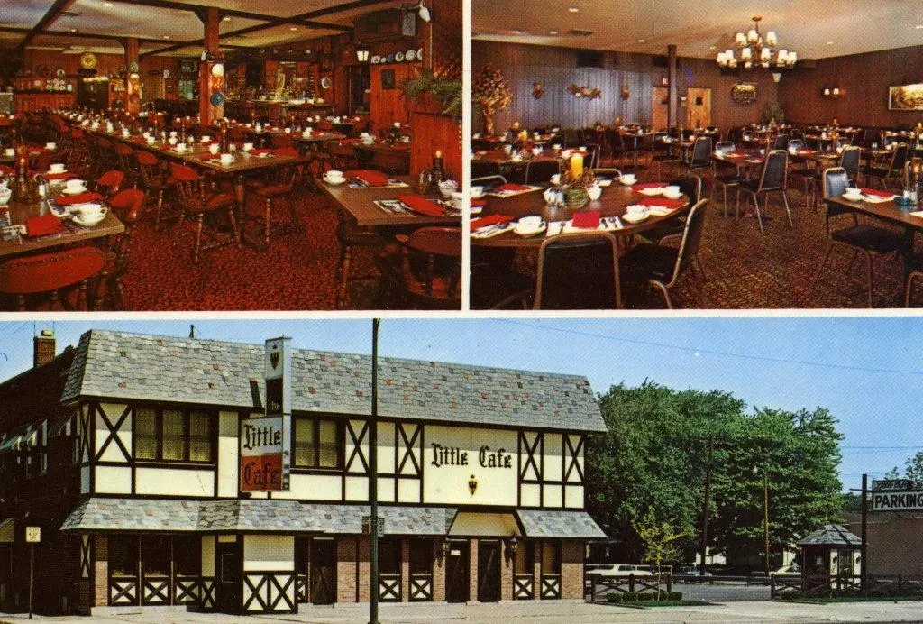 Interior and exterior of a traditional restaurant with wooden decor, chandeliers, set tables, and a Tudor-style facade.
