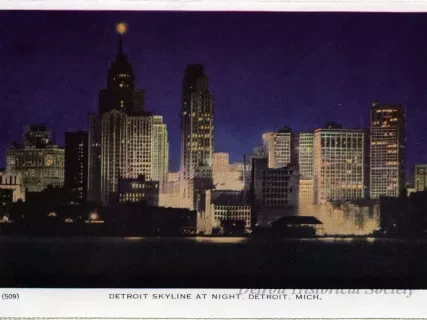 Postcard - Detroit Skyline at Night, Detroit, Mich.