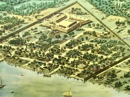 Historic map illustration of a walled city by a river, with trees, buildings, and ships in the water.