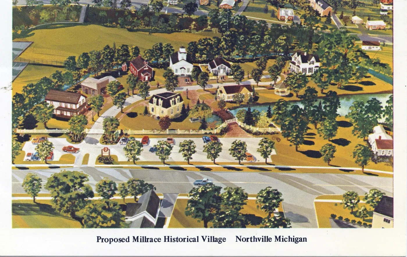 Aerial illustration of a proposed historical village with various buildings, roads, and trees, labeled Northville, Michigan.