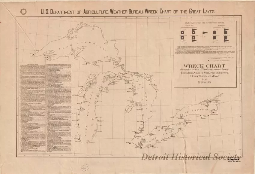 Chart, Informational - U.S. Department of Agriculture, Weather Bureau. Wreck Chart Showing the Location of Wrecks Occasioned through Founderings, Gales of Wind, Fogs, and General Stormy Weather Conditions from 1886 to 1891.